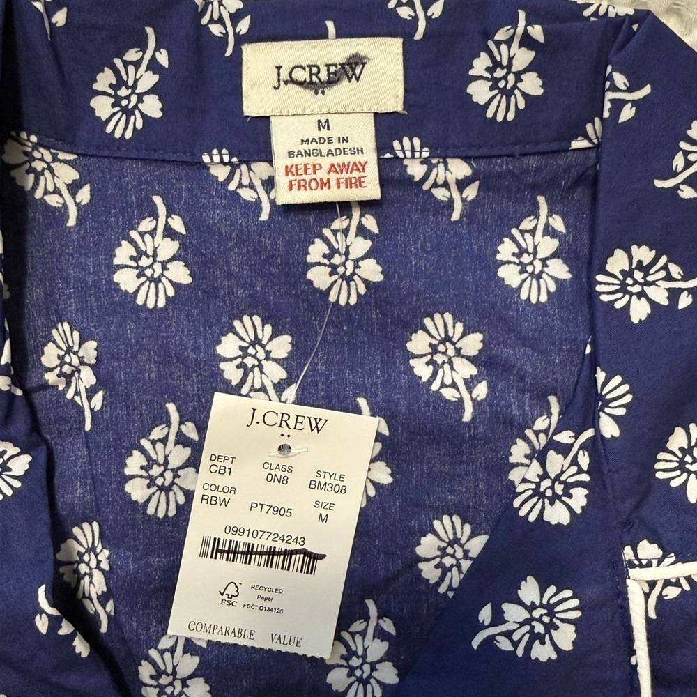 J. Crew Navy Blue Button Down Poplin Pajama Top with White Floral Pattern NWT M - Picture 7 of 11